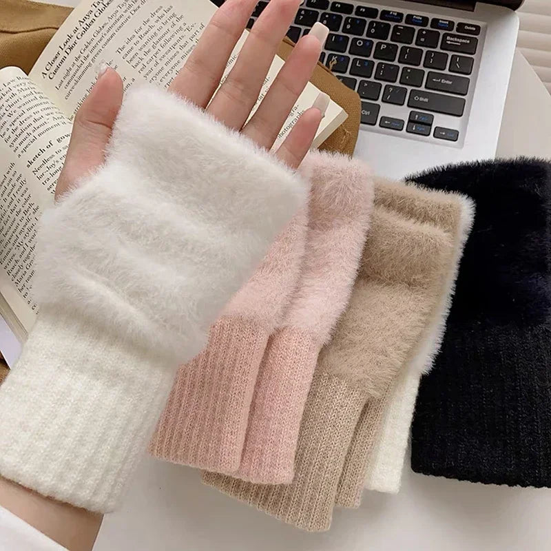 WinteraX Soft Mink Fleece Half Finger Gloves Women Plush Knitted Fingerless Gloves Wrist Mittens Driving Writting Gloves