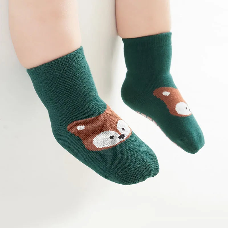 6 Pairs Kids Non-Slip Socks Cute Cartoon Fox and Bear Pattern Childrens Boys Girls Floor Socks