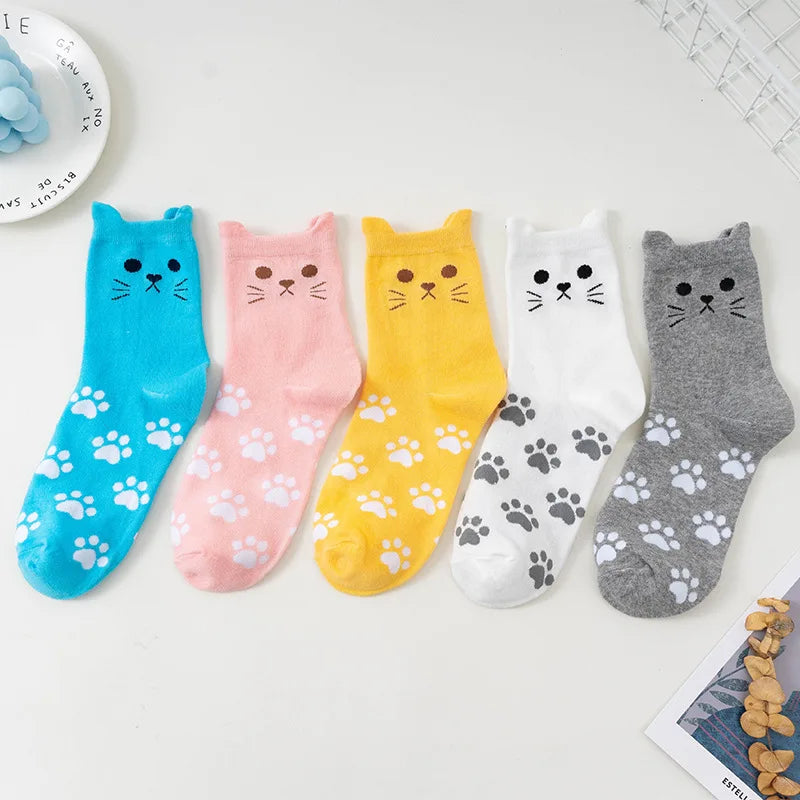 5 Pairs of Women's Crew Socks with Cat Patterns, Cute, Unique, Fun, Comfortable, Moisture-Wicking