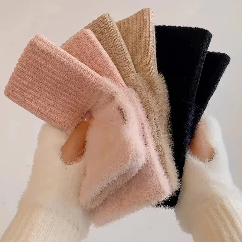 WinteraX Soft Mink Fleece Half Finger Gloves Women Plush Knitted Fingerless Gloves Wrist Mittens Driving Writting Gloves