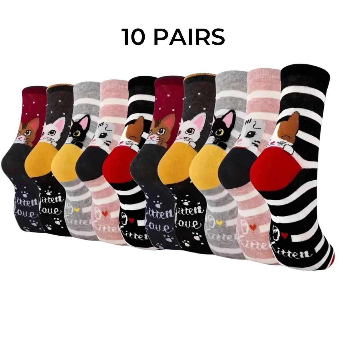 5 Pairs of Women's Crew Socks with Cat Patterns, Cute, Unique, Fun, Comfortable, Moisture-Wicking