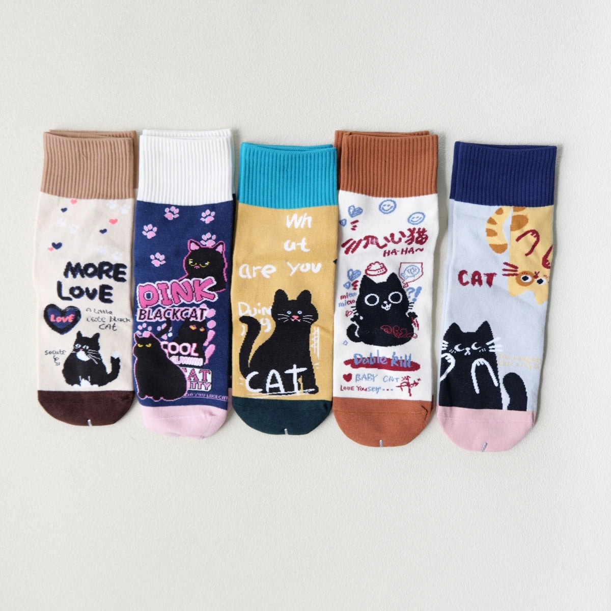 5 Pairs of Women's Crew Socks with Cat Patterns, Cute, Unique, Fun, Comfortable, Moisture-Wicking