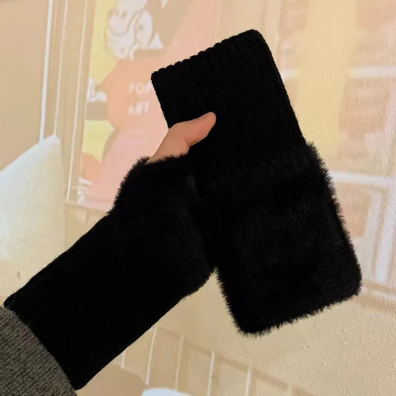 WinteraX Soft Mink Fleece Half Finger Gloves Women Plush Knitted Fingerless Gloves Wrist Mittens Driving Writting Gloves