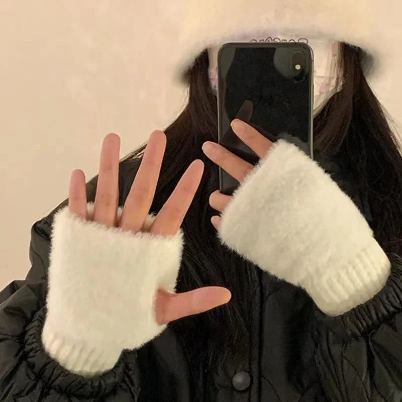 WinteraX Soft Mink Fleece Half Finger Gloves Women Plush Knitted Fingerless Gloves Wrist Mittens Driving Writting Gloves