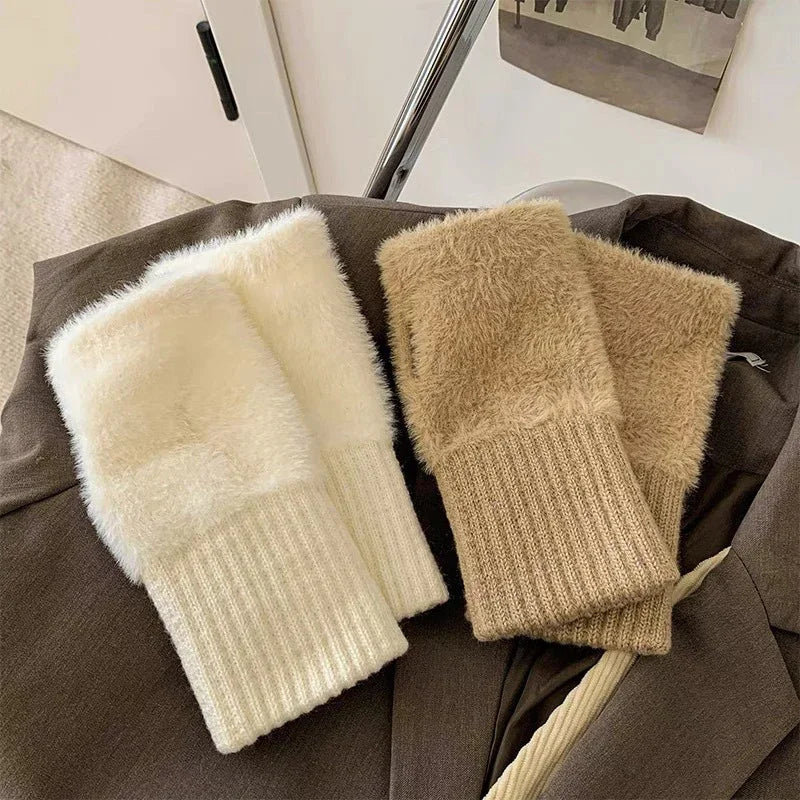 WinteraX Soft Mink Fleece Half Finger Gloves Women Plush Knitted Fingerless Gloves Wrist Mittens Driving Writting Gloves